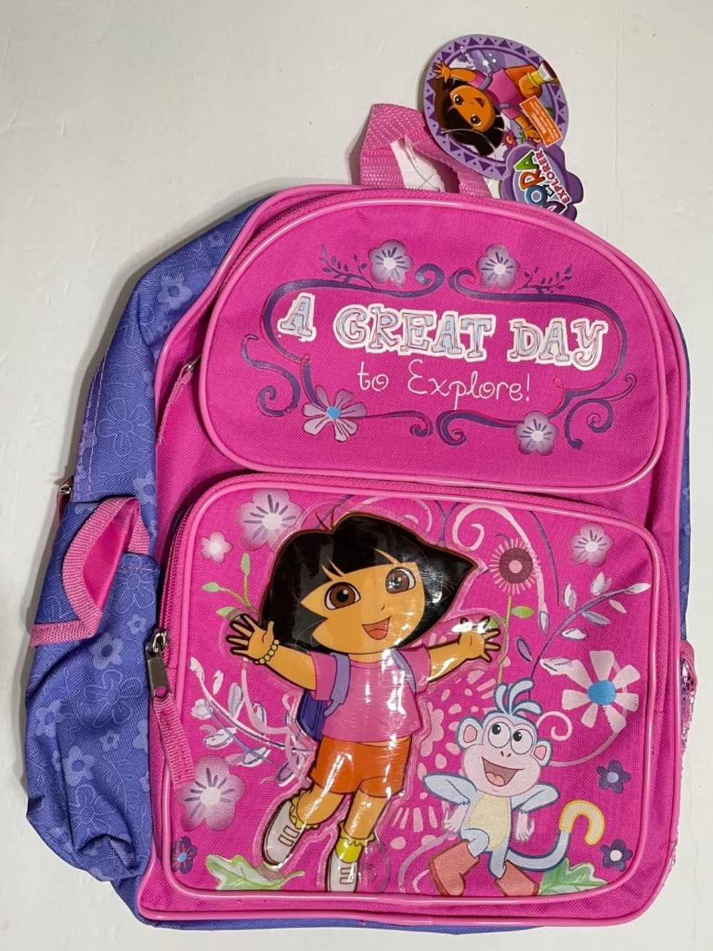 Dora the Explorer Girls medium Pink/Purple Floral Backpack 14”x10” ,New with tag